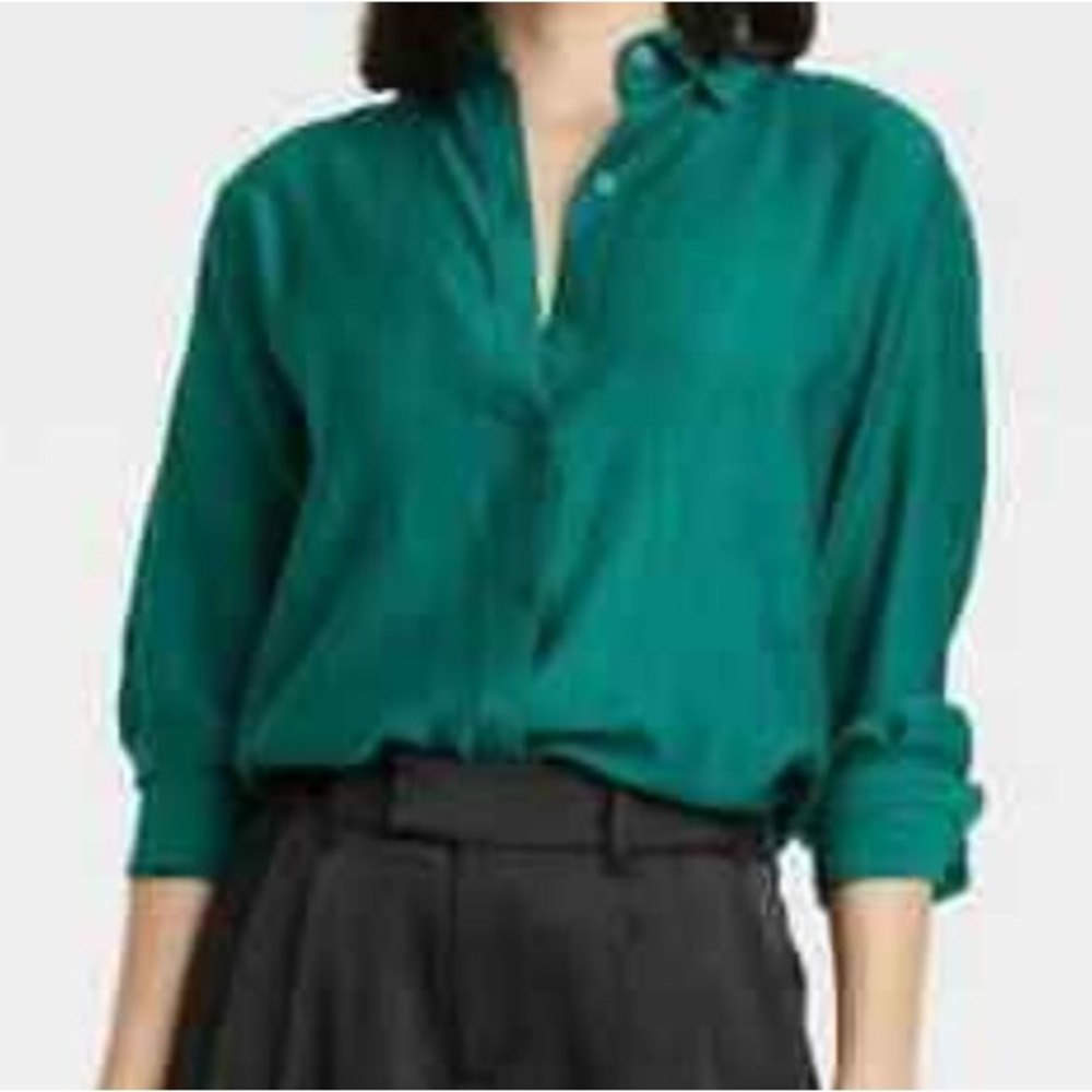 Women's Long Sleeve Button-Down Shirt - A New Day Dark Green size M